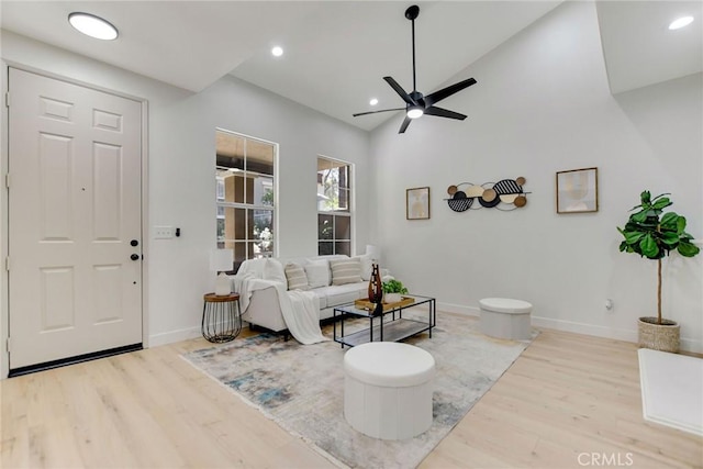28210 Canterbury Ct, Valencia, CA 91354 - living area featuring wood finished floors, baseboards, a ceiling fan, lofted ceiling, and recessed lighting