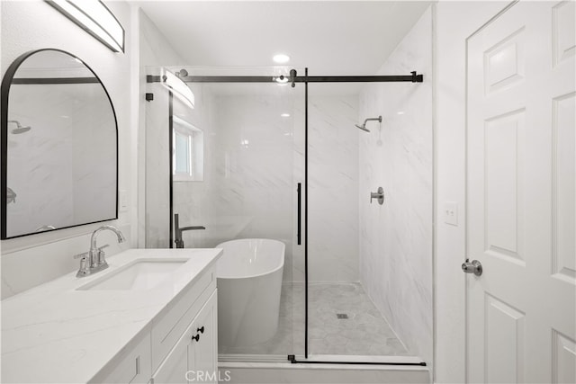 5832 6th Ave, Los Angeles, CA 90043 - full bathroom with a freestanding tub, a marble finish shower, and vanity