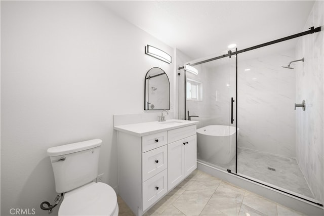 5832 6th Ave, Los Angeles, CA 90043 - bathroom featuring marble finish floors, vanity, a marble finish shower, toilet, and a freestanding tub