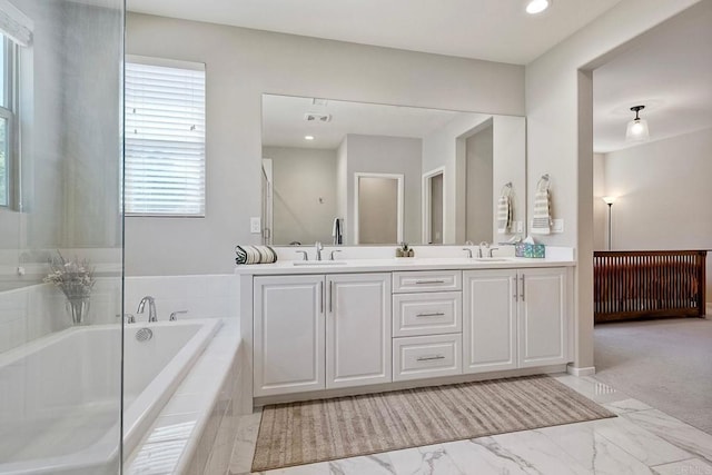 678 Gemstone Dr, San Marcos, CA 92078 - full bathroom featuring double vanity, a bath, marble finish floors, and recessed lighting