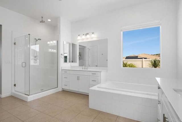 1733 Lemonadeberry Ln, Vista, CA 92084 - bathroom featuring vanity, a shower stall, tile patterned floors, and a bath
