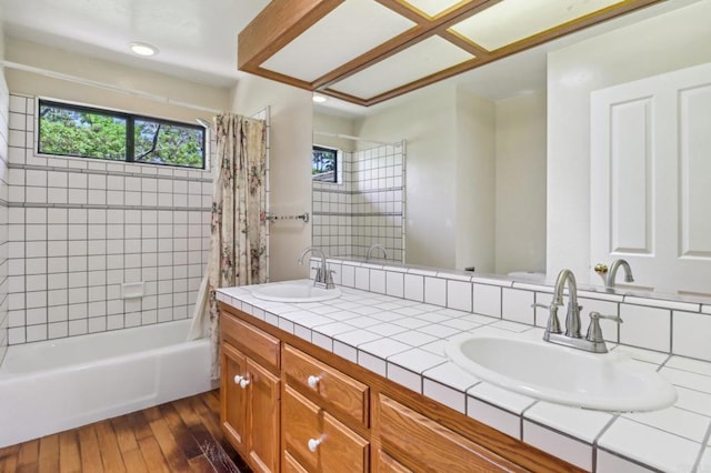 1575 Larson Ln, Fallbrook, CA 92028 - bathroom with shower / bath combo, hardwood / wood-style flooring, double vanity, and plenty of natural light