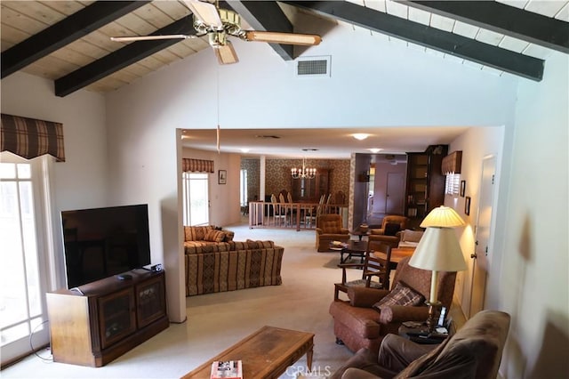 10035 Gierson Ave, Chatsworth, CA 91311 - living area featuring a chandelier, wood ceiling with exposed beams, high vaulted ceiling, carpet flooring, and a ceiling fan