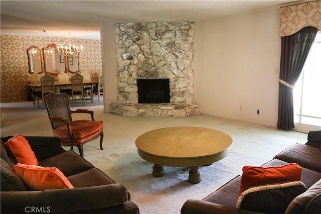 10035 Gierson Ave, Chatsworth, CA 91311 - living area featuring wallpapered walls, carpet floors, a chandelier, and a fireplace