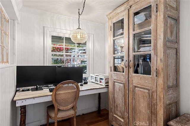 230 Esplanade, San Clemente, CA 92672 - office space with wood finished floors, a chandelier, built in study area, and crown molding