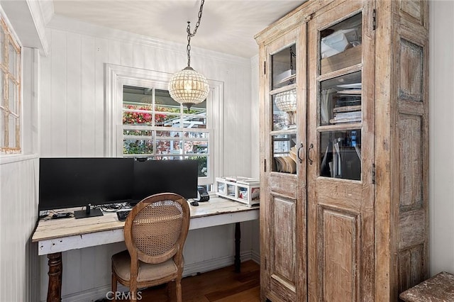 230 Esplanade, San Clemente, CA 92672 - home office with wood finished floors, a chandelier, built in study area, and crown molding