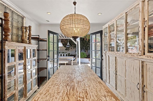 230 Esplanade, San Clemente, CA 92672 - entryway featuring french doors, ornamental molding, a chandelier, and recessed lighting