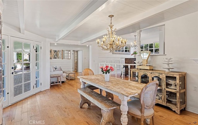 230 Esplanade, San Clemente, CA 92672 - dining space with beam ceiling, light wood-style floors, and a chandelier