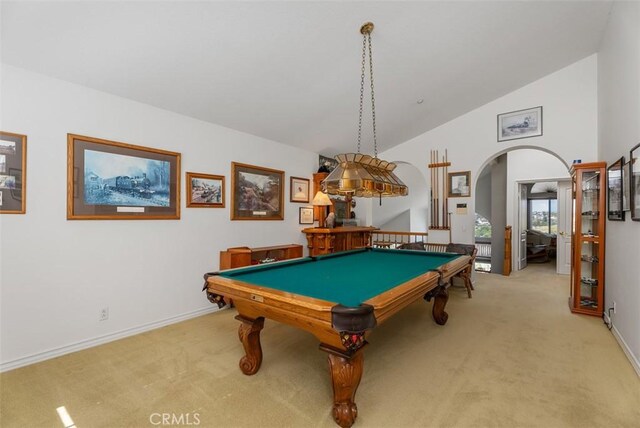 29206 Alfieri St, Laguna Niguel, CA 92677 - rec room with light colored carpet, arched walkways, baseboards, billiards table, and high vaulted ceiling
