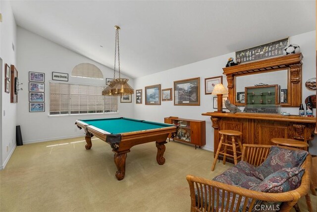 29206 Alfieri St, Laguna Niguel, CA 92677 - game room featuring vaulted ceiling, a dry bar, carpet floors, pool table, and baseboards