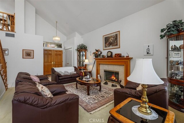 29206 Alfieri St, Laguna Niguel, CA 92677 - carpeted living area featuring high vaulted ceiling and a tile fireplace