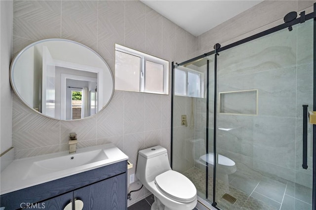 5742 Thelma Ave, La Palma, CA 90623 - full bathroom with toilet, tile walls, vanity, and a stall shower