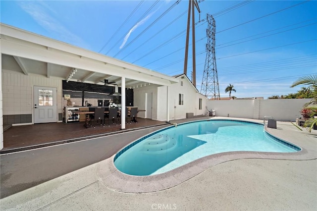 5742 Thelma Ave, La Palma, CA 90623 - view of swimming pool featuring a patio area, a fenced backyard, outdoor dining area, and ceiling fan