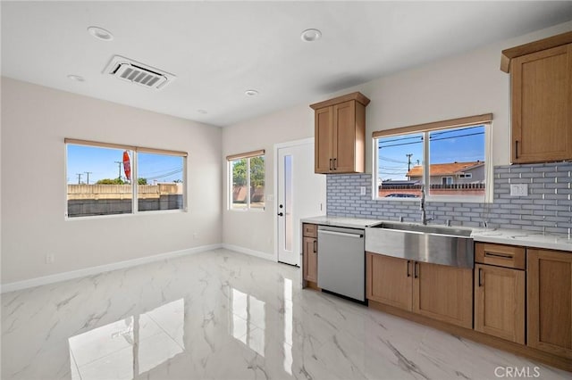 5742 Thelma Ave, La Palma, CA 90623 - kitchen with dishwasher, light marble finish floors, tasteful backsplash, brown cabinetry, and recessed lighting
