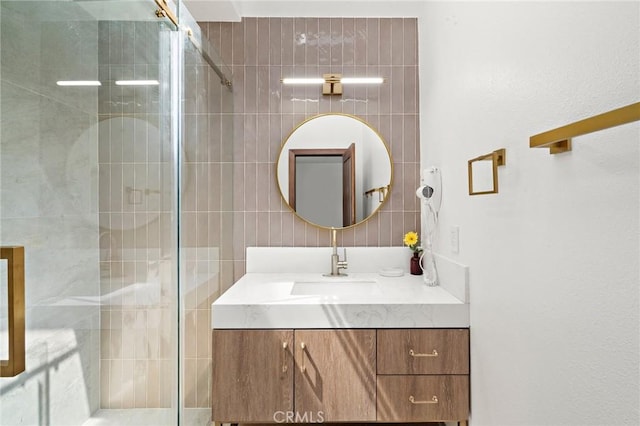 5742 Thelma Ave, La Palma, CA 90623 - full bath with vanity, a stall shower, and tile walls