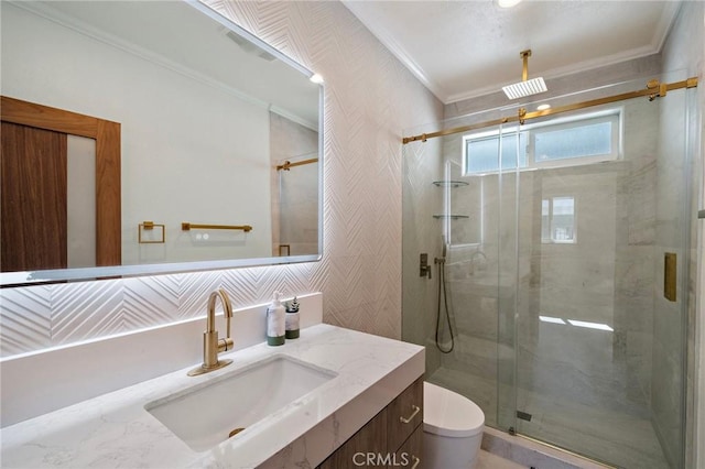 5742 Thelma Ave, La Palma, CA 90623 - full bathroom featuring ornamental molding, vanity, a stall shower, and toilet