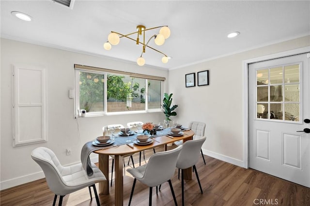 5742 Thelma Ave, La Palma, CA 90623 - dining room featuring wood finished floors, a chandelier, baseboards, crown molding, and recessed lighting