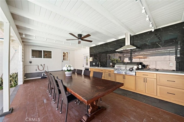 5742 Thelma Ave, La Palma, CA 90623 - dining room featuring track lighting, a ceiling fan, dark wood-type flooring, and beamed ceiling