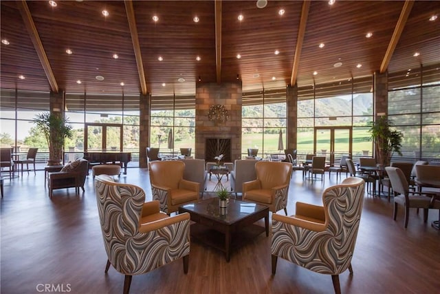 24271 Whitetail Dr, Corona, CA 92883 - building lobby with floor to ceiling windows, a towering ceiling, and wood ceiling with exposed beams