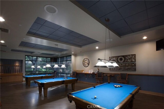 24271 Whitetail Dr, Corona, CA 92883 - playroom with a raised ceiling, billiards, wood finished floors, and baseboards