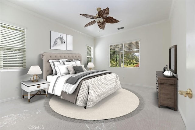 24271 Whitetail Dr, Corona, CA 92883 - carpeted bedroom with baseboards, ornamental molding, and ceiling fan