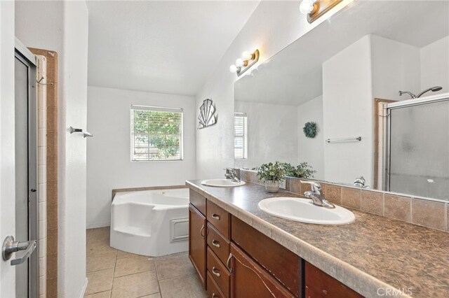 3595 Buchanan St, Riverside, CA 92503 - bathroom with a bath, double vanity, a shower stall, and tile patterned floors