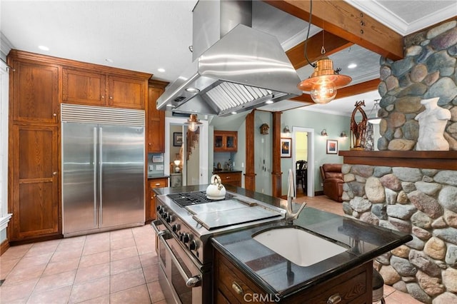 337 S Center St, Redlands, CA 92373 - kitchen with high quality appliances, island exhaust hood, dark countertops, crown molding, and a sink