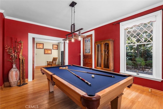 337 S Center St, Redlands, CA 92373 - recreation room with baseboards, billiards table, wood finished floors, and crown molding