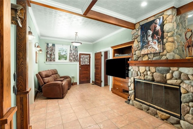 337 S Center St, Redlands, CA 92373 - living room featuring light tile patterned floors, ornamental molding, and a fireplace
