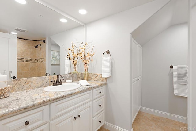 1135 Felspar St, Pacific Beach San Diego, CA 92109 - bathroom with vanity, recessed lighting, baseboards, tiled shower, and tile patterned flooring