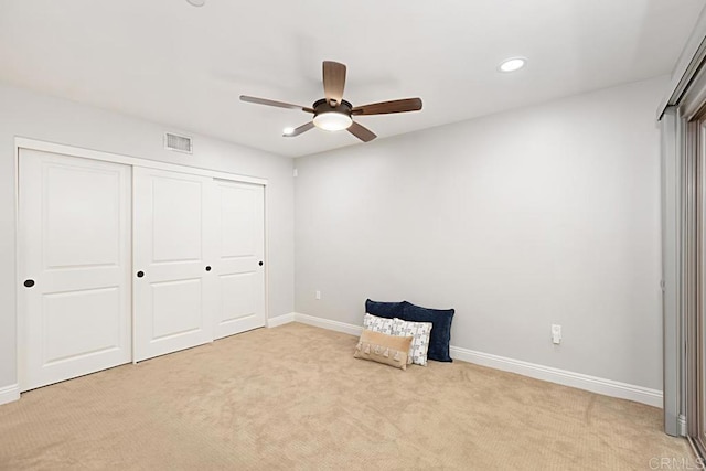 1135 Felspar St, Pacific Beach San Diego, CA 92109 - unfurnished bedroom with light carpet, baseboards, a closet, recessed lighting, and ceiling fan