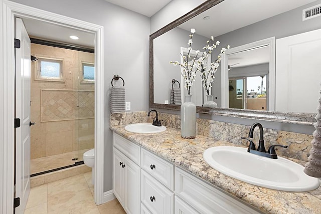 1135 Felspar St, Pacific Beach San Diego, CA 92109 - full bath featuring toilet, double vanity, a shower stall, tile patterned floors, and recessed lighting