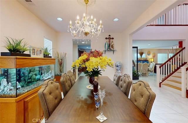 25664 Red Hawk Rd, Corona, CA 92883 - dining space with a chandelier, light tile patterned floors, stairs, and recessed lighting
