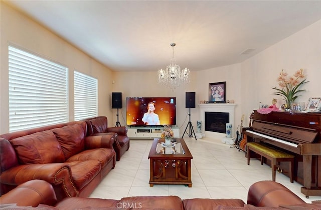 25664 Red Hawk Rd, Corona, CA 92883 - living room featuring a chandelier, light tile patterned floors, and a fireplace