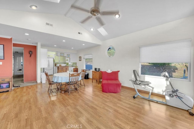 900 W 37th St, San Pedro, CA 90731 - dining room with ceiling fan, light wood finished floors, beam ceiling, recessed lighting, and high vaulted ceiling