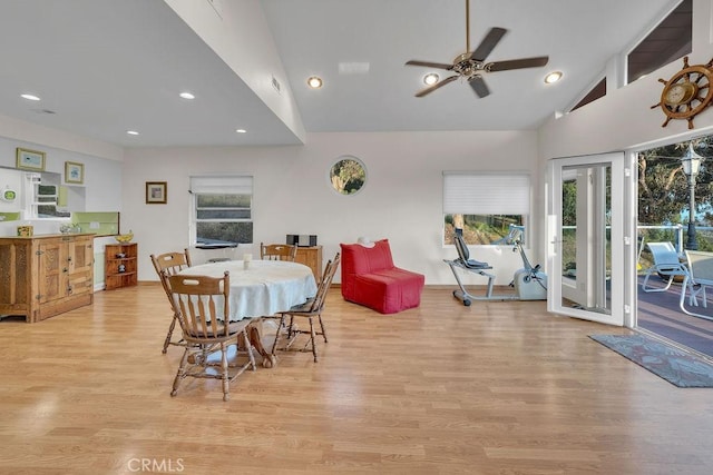 900 W 37th St, San Pedro, CA 90731 - dining space featuring light wood-style floors, recessed lighting, ceiling fan, and high vaulted ceiling