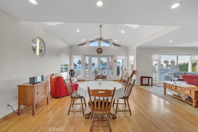 900 W 37th St, San Pedro, CA 90731 - dining area with light wood-style flooring, a ceiling fan, lofted ceiling, recessed lighting, and baseboards