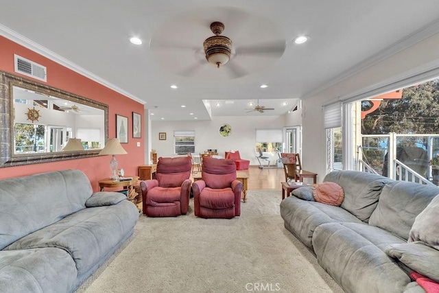900 W 37th St, San Pedro, CA 90731 - living area with ceiling fan, crown molding, and recessed lighting