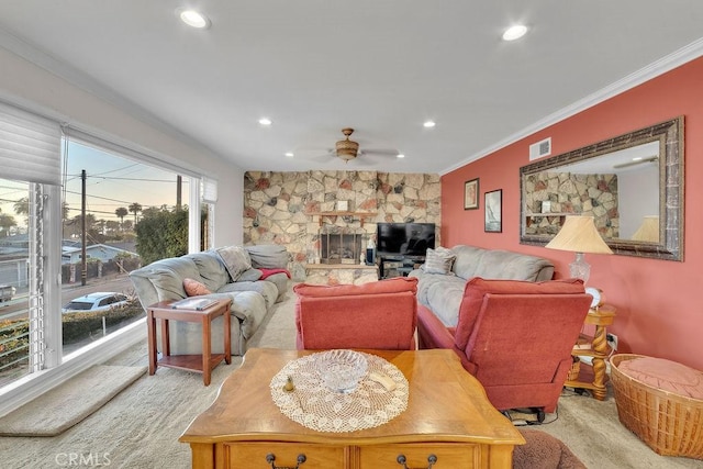 900 W 37th St, San Pedro, CA 90731 - living room featuring recessed lighting, a ceiling fan, and crown molding