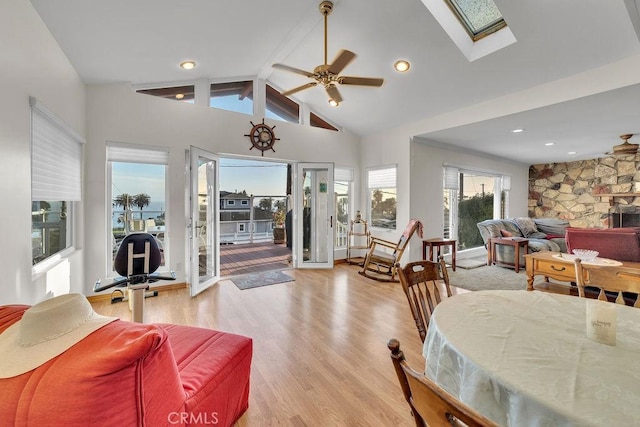 900 W 37th St, San Pedro, CA 90731 - living area featuring light wood-type flooring, ceiling fan, a skylight, and recessed lighting