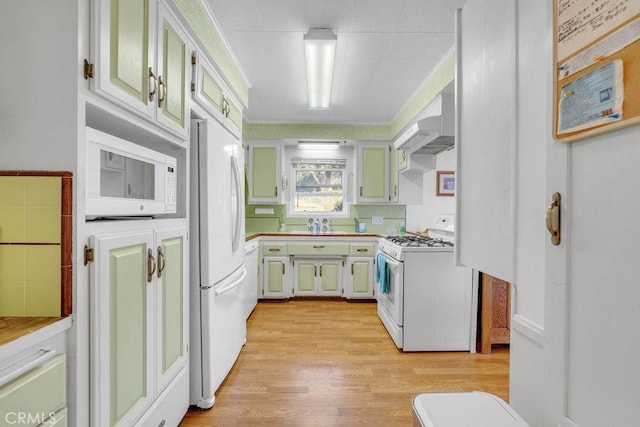 900 W 37th St, San Pedro, CA 90731 - kitchen with white appliances, ventilation hood, light wood-style flooring, and light countertops