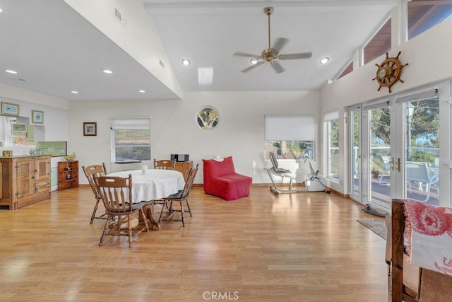 900 W 37th St, San Pedro, CA 90731 - dining space featuring light wood-style flooring, a ceiling fan, recessed lighting, and high vaulted ceiling