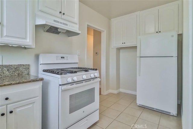 3411 W Chandler Blvd, Burbank, CA 91505 - kitchen with white appliances, under cabinet range hood, white cabinets, light stone counters, and light tile patterned floors