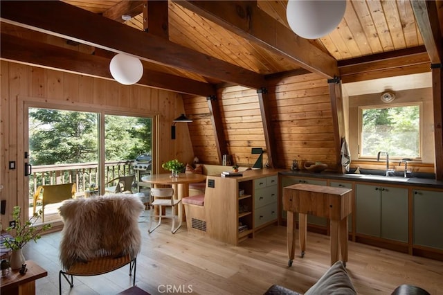 26486 Forest Ln, Twin Peaks, CA 92391 - dining space featuring wooden walls, plenty of natural light, light wood finished floors, and wood ceiling