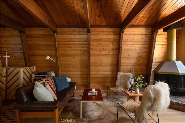 26486 Forest Ln, Twin Peaks, CA 92391 - living area featuring wooden ceiling with exposed beams and wooden walls
