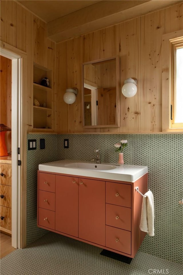 26486 Forest Ln, Twin Peaks, CA 92391 - bathroom with vanity and wood walls