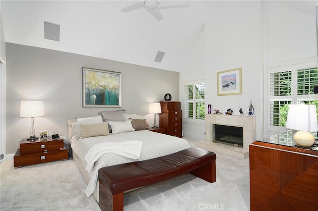 20950 Oxnard St Unit 11, Woodland Hills, CA 91367 - bedroom with carpet, high vaulted ceiling, a fireplace, and ceiling fan