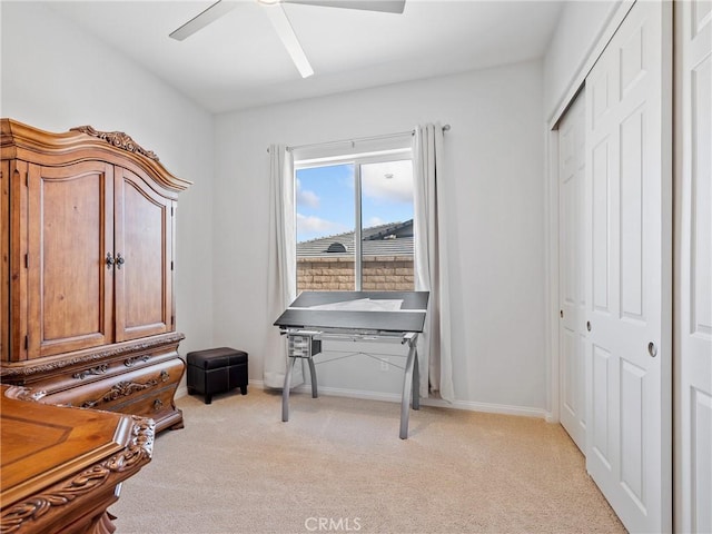 17028 Ta Ki Pi Rd, Apple Valley, CA 92307 - bedroom with light carpet, a closet, baseboards, and a ceiling fan