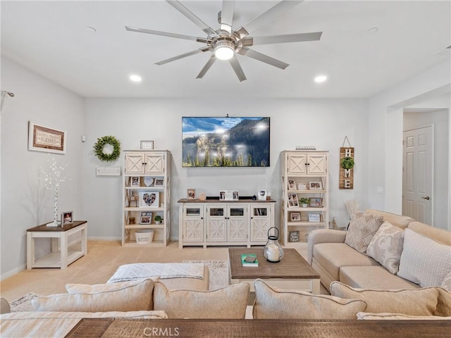 17028 Ta Ki Pi Rd, Apple Valley, CA 92307 - living room with a ceiling fan, carpet flooring, baseboards, and recessed lighting