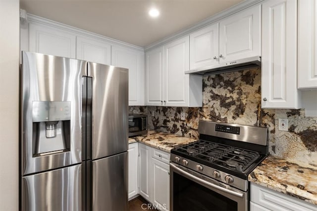 89 E Commonwealth Ave Unit 1P, Alhambra, CA 91801 - kitchen featuring appliances with stainless steel finishes, white cabinets, under cabinet range hood, decorative backsplash, and light stone countertops